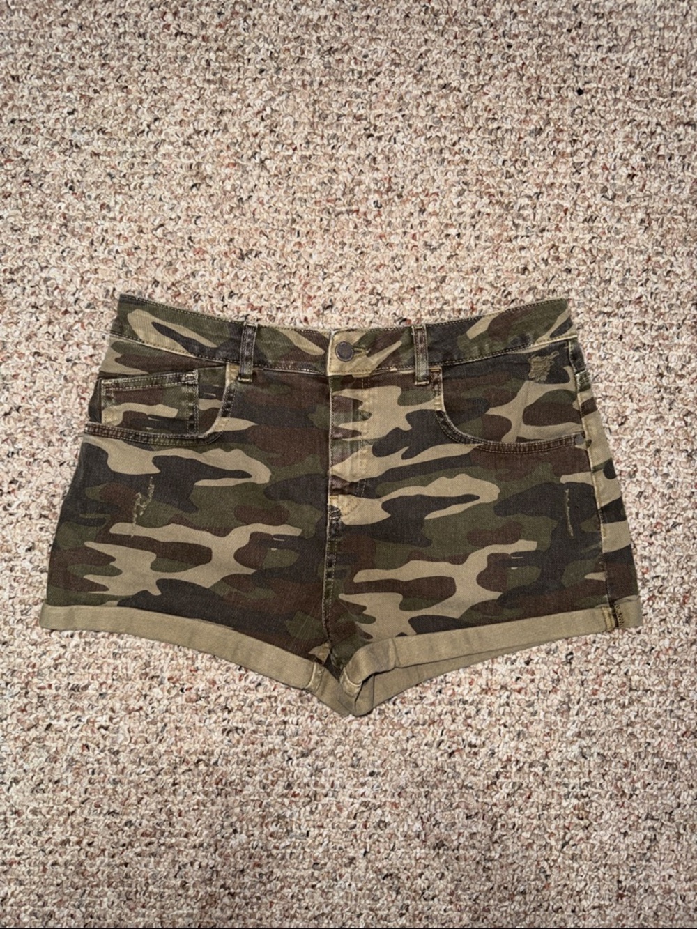 ZARA Camo Cotton Roll-Hem Jean Shorts - Olive & Dark Green